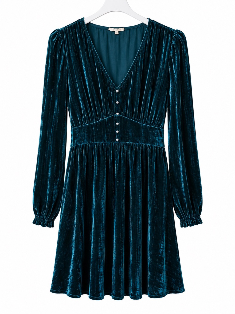 Pearl-Button Velvet V-Neck Dress in Teal Blue